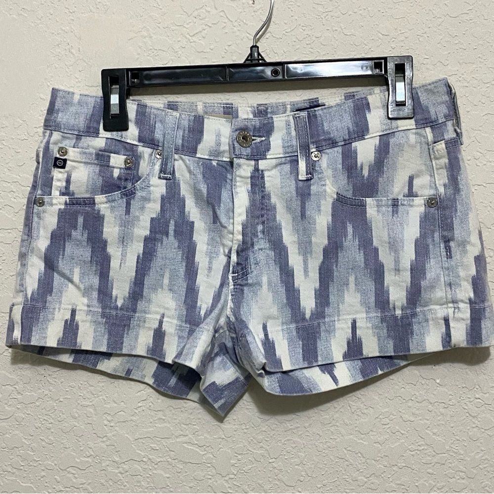 Ag Adriano Goldschmied The Pixie Shorts Blue White Denim Chevron Pattern 28"